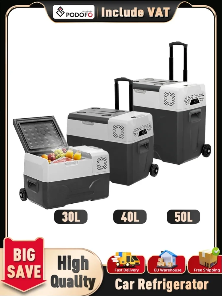 Podofo 30L 40L 50L Tragbarer Auto-Kühlschrank Kleiner Kühlschrank Gefrierschrank LED-Display Kompressor-Kühler Eisbox für Camping Picknick