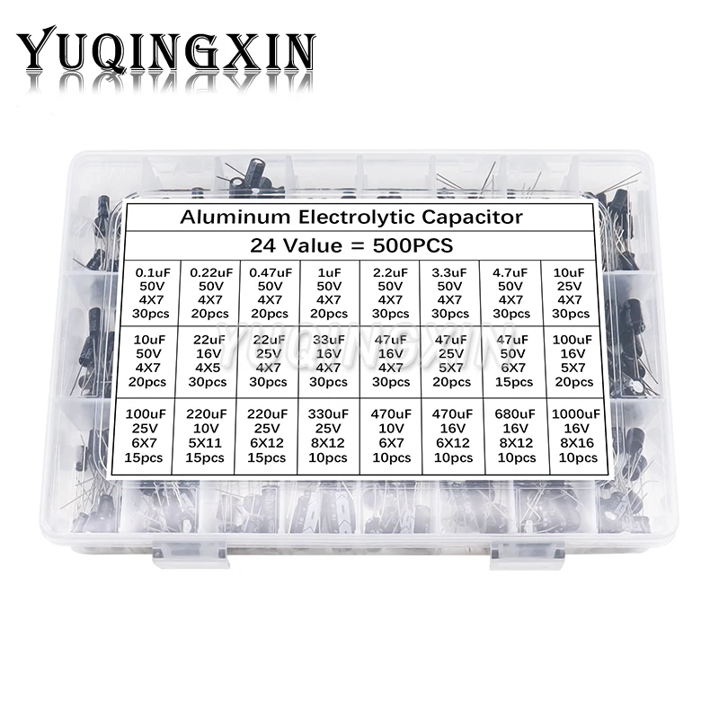 

500Pcs/lot 0.1UF-1000UF 24Values 16V-50V Mix Aluminum Electrolytic Capacitor Assorted Kit And Storage Box