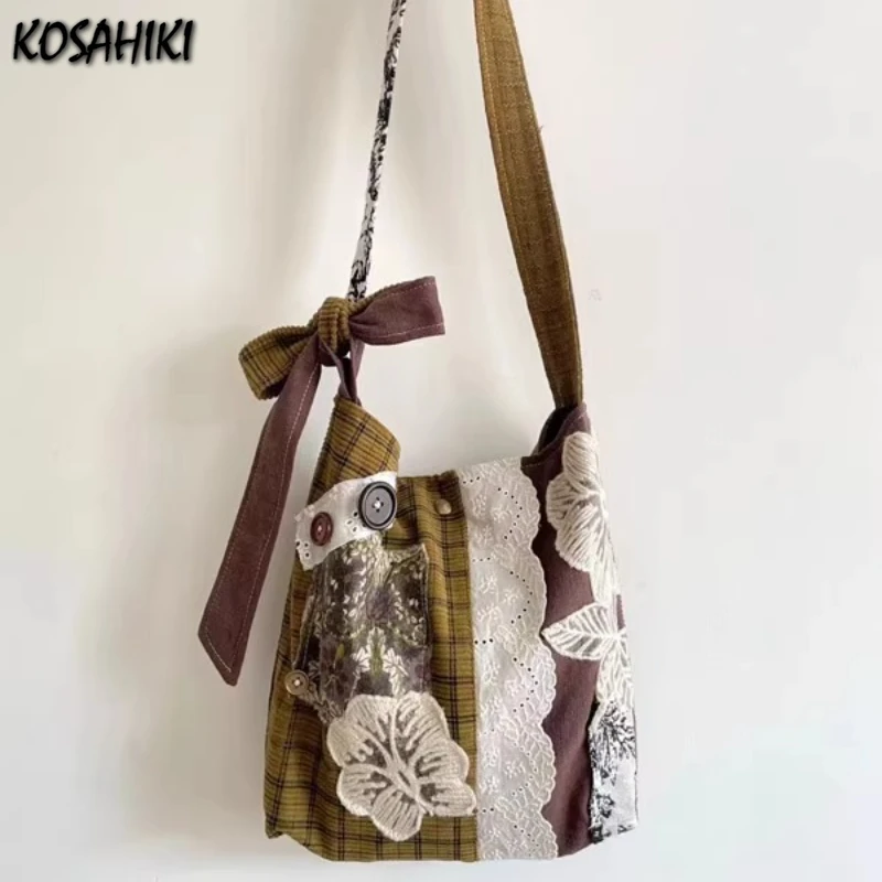

Streetwear Y2k Aesthetic All Match Handbags Lace Patchwork Contrast Color Plaid Shoulder Crossbody Bags Japanese Women Vintage