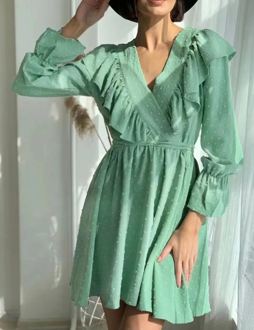 Ele A-Line Dr con finiture in pizzo V-Ne Bubble Sve Gonna lunga Sve ort Colore puro Chiusura a vita alta Dr da donna