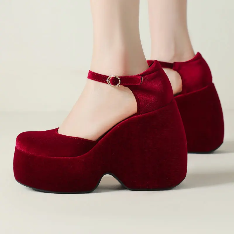 Velour Velvet Wine Red Olive Closed Toe Summer Sandals Platform Wedges High Heels Two Pieces Ankle Buckle Belt Mary Janes Pumps