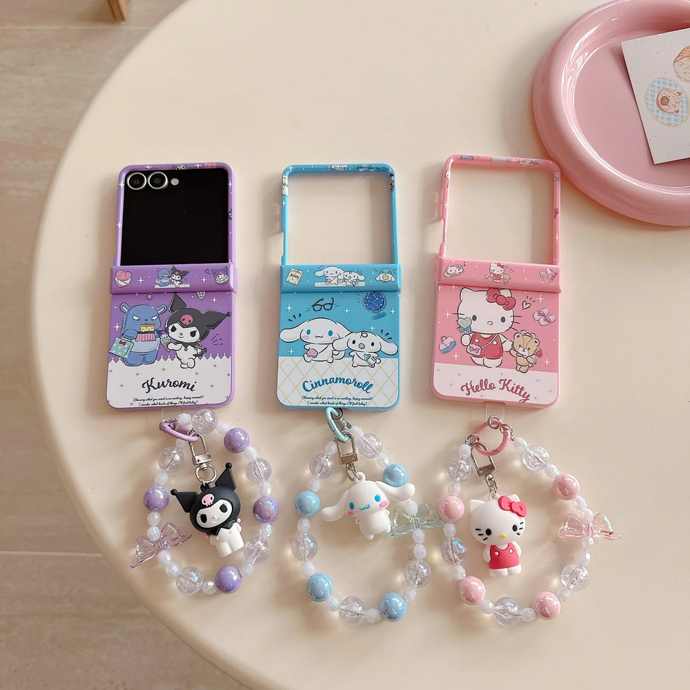Funda de teléfono Sanrio Hello Kitty Kuromi Cinnamoroll para Samsung Galaxy Z Flip 7 6 5 4 3, funda dura con dibujos animados, con cordón