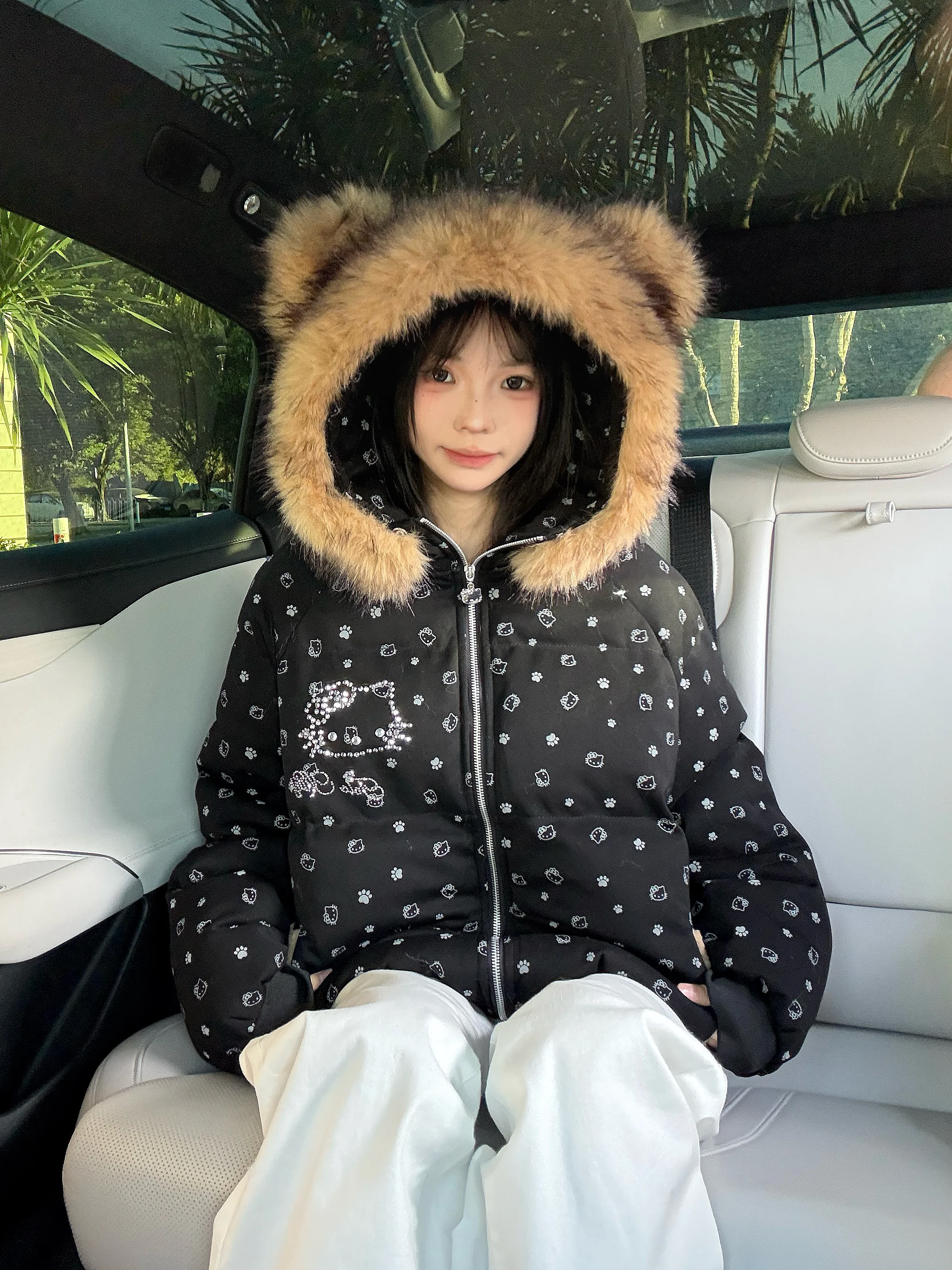 

Sweet Print Hooded Thiened Bread Coat Jaet College Sle Warmth Women's Cotton Clothes Long Sve Zipper Closure