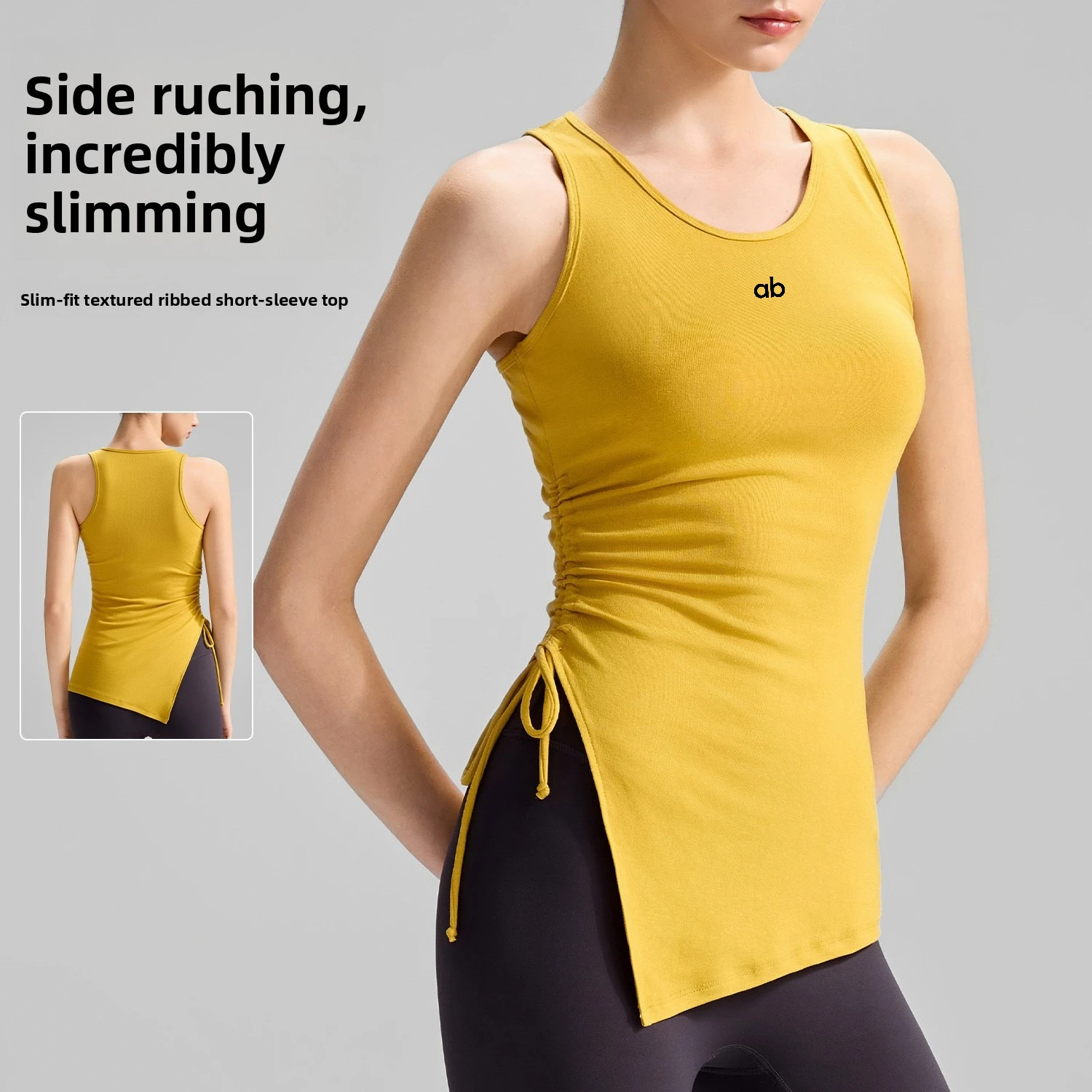 Women Ribbed Naked‑Feel Yoga T‑Shirt Short Sleeve Drawstring Split Hem Loose Quick‑Dry Gym Running Workout Fitness Sports Top