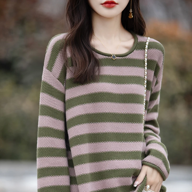 2024 Spring Autumn New 100% Cotton Sweaters Women O-neck Striped Female Long Sleeve Tops Korean Fashion Loose Oversized Pullover