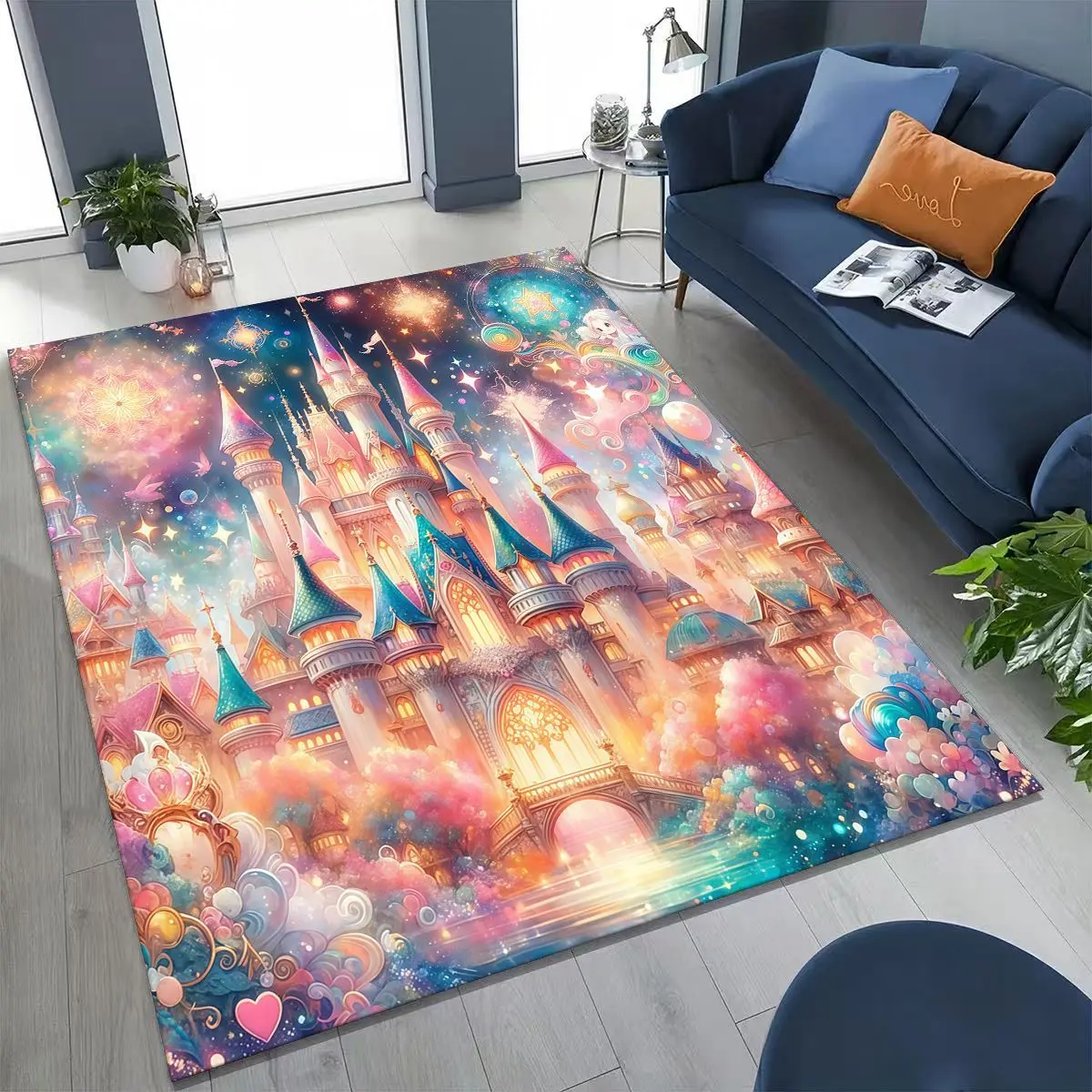 Enchanting Fairy Tale Castle Rug Magical Rainbow Garden Living Room Carpet
