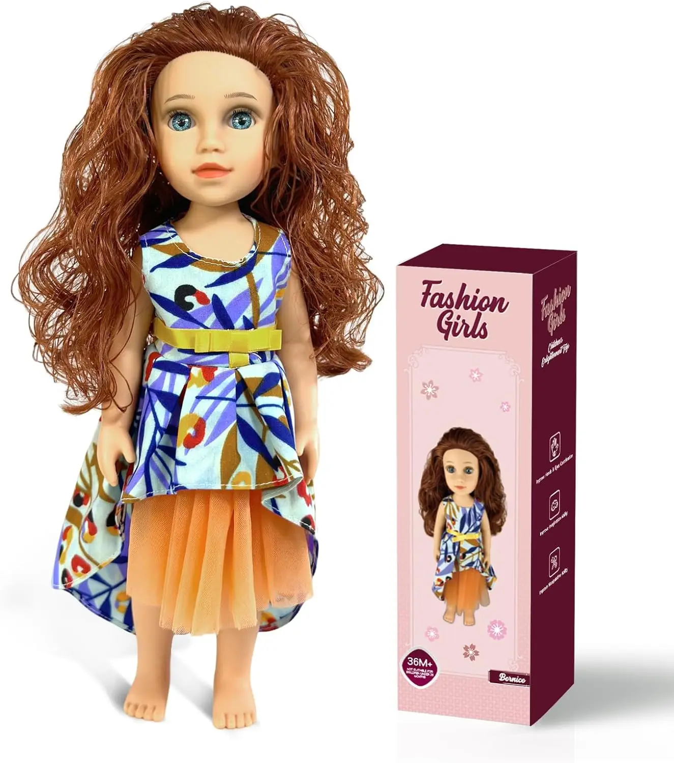 American 14inch Doll for 3+ Years Old Girl, 14’’ Fashion Realistic Doll Bernice in Gift Box with Brown Hair Ideal Toy for Girls