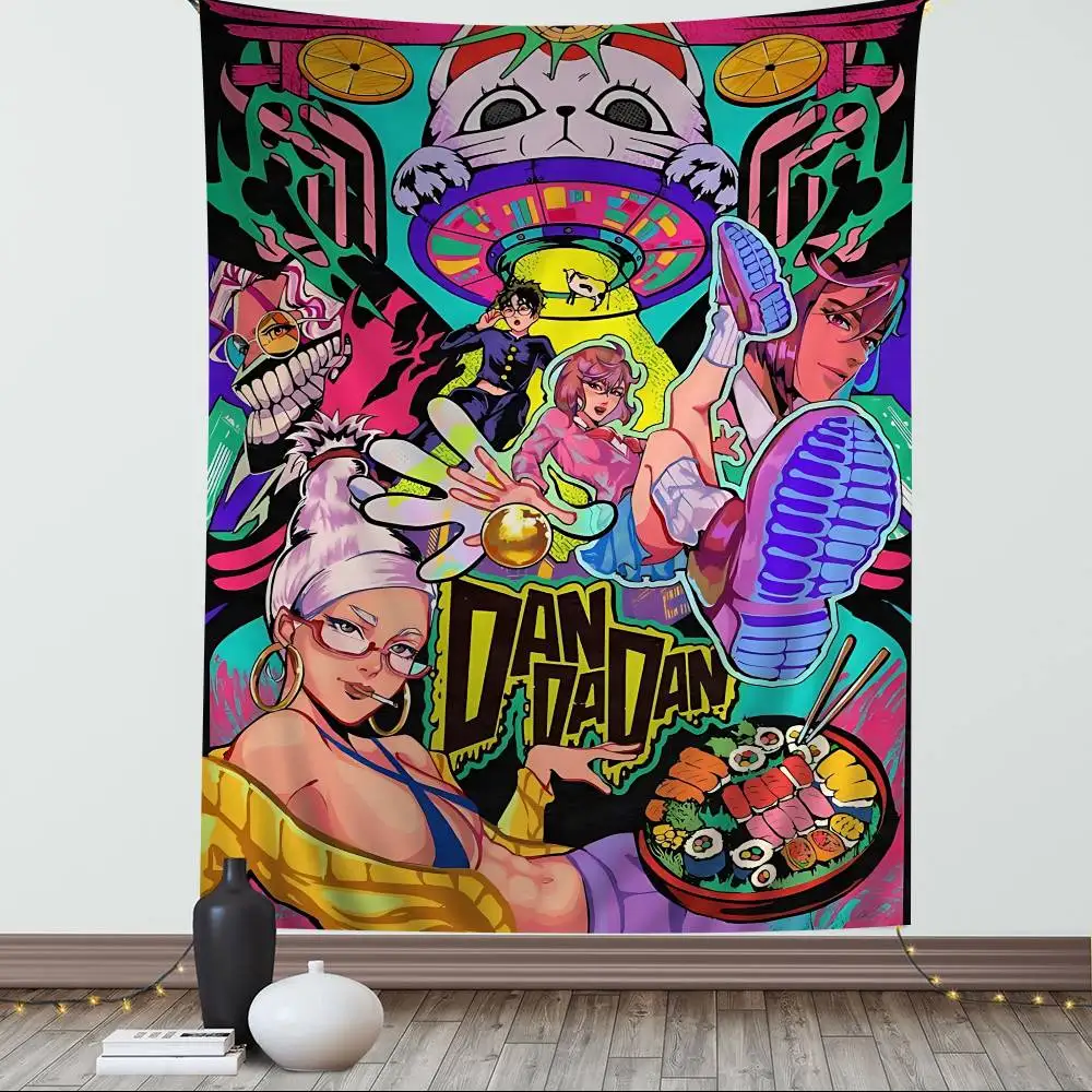 Tapiz del popular anime Dandadan: pancarta decorativa multicolor neón, arte de personajes salvajes y tipografía "DANDADAN" audaz, con un toque psicodélico.