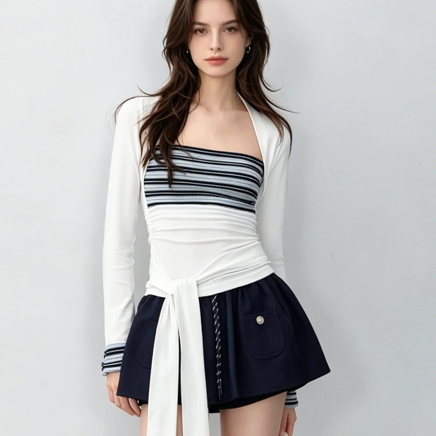 

LIMO Women's Lace Up Long Sleeve Hollow Out Blouse Striped Spliced Tie Waist Elegant Casual Fashion for Spring Summer