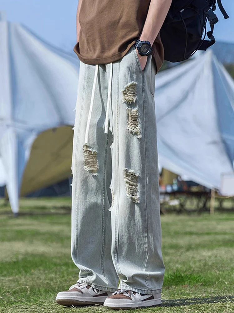 

Aymelon Men's Slim Fit Ripped Denim Jeans Summer Casual Loose Straight Leg Wide Leg Trendy Cotton Polyester Blend Wear Resistant