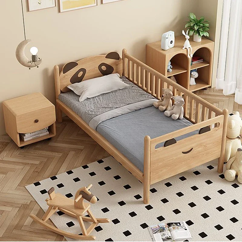 

Simple Panda Style Children Bed Home Cartoon Living Room Natural Solid Wood Cute Beds With Guardrail Kid's Bedroom sets