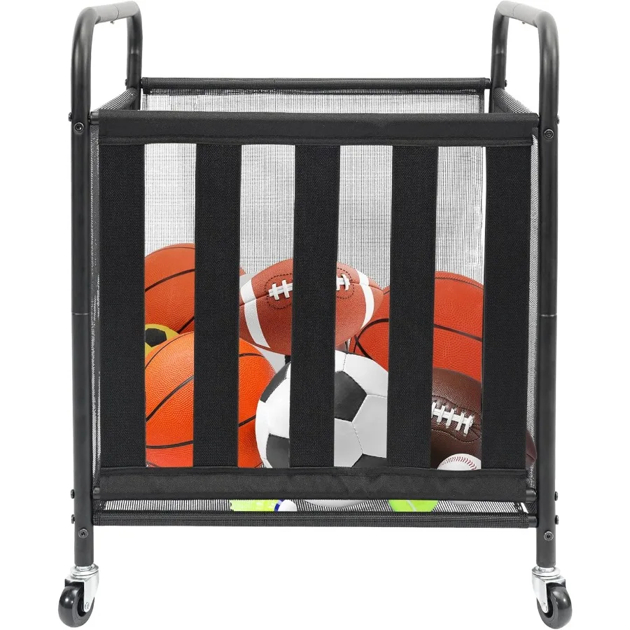

STO STO Rolling Sports Ball Storage Cart Lockable Basketball Cage with Elastic Straps Sport Equipment Holder Organizer for Indo