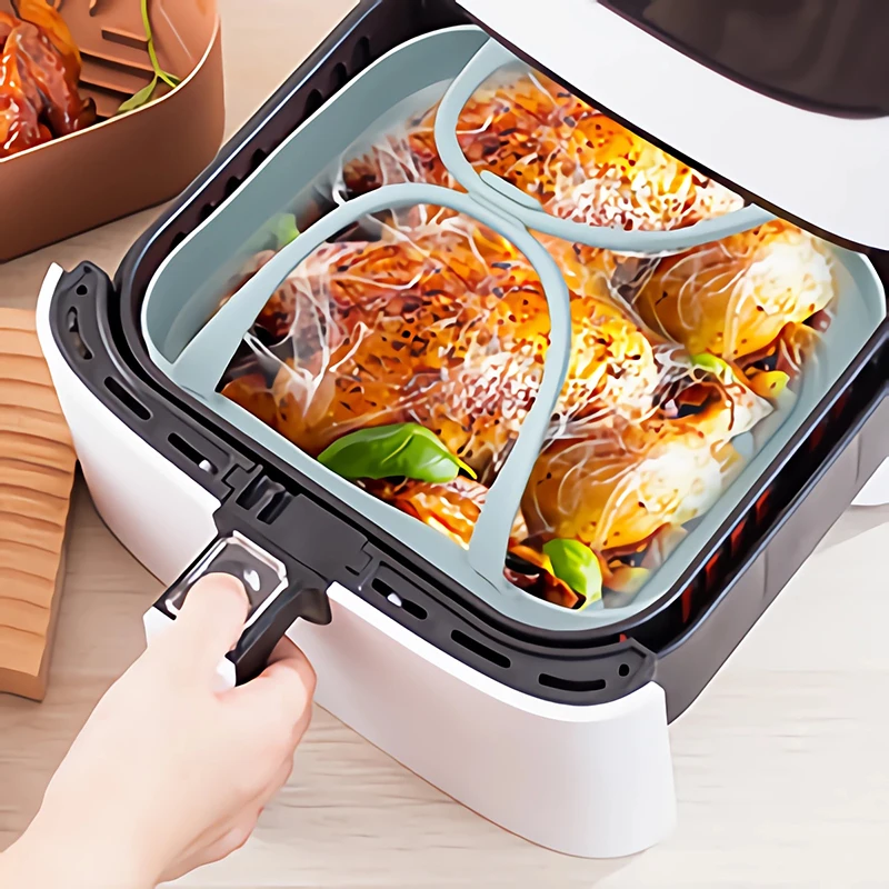 20cm Air Fryer Silicone Basket Tray Pot With Handle 8inch Square Airfryer Baking Mold Liner Foldable Kitchen Cooking Accessories