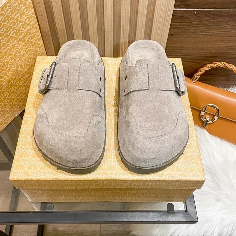 Summer Luxury Cowhide Thick Soled Women's Slippers  Flat Soled Women's Shoes Suede Platform Muller Shoes  Belt Buckle