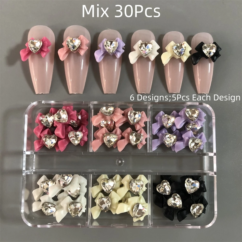 Y2K Gorgeous Peach Blossom Pink Purple Resin Bowknot Tie Heart Rhinestone Nail Art Charms Decoration Crystal Diamond Akcesoria