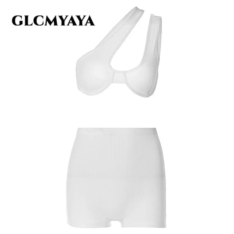 GLCMYAYA Casual Beach Style Women Skew Collar Hollow Out Backless Crop Tops Short Sets 2023 Sexy Sleeveless Solid 2 Piece Set