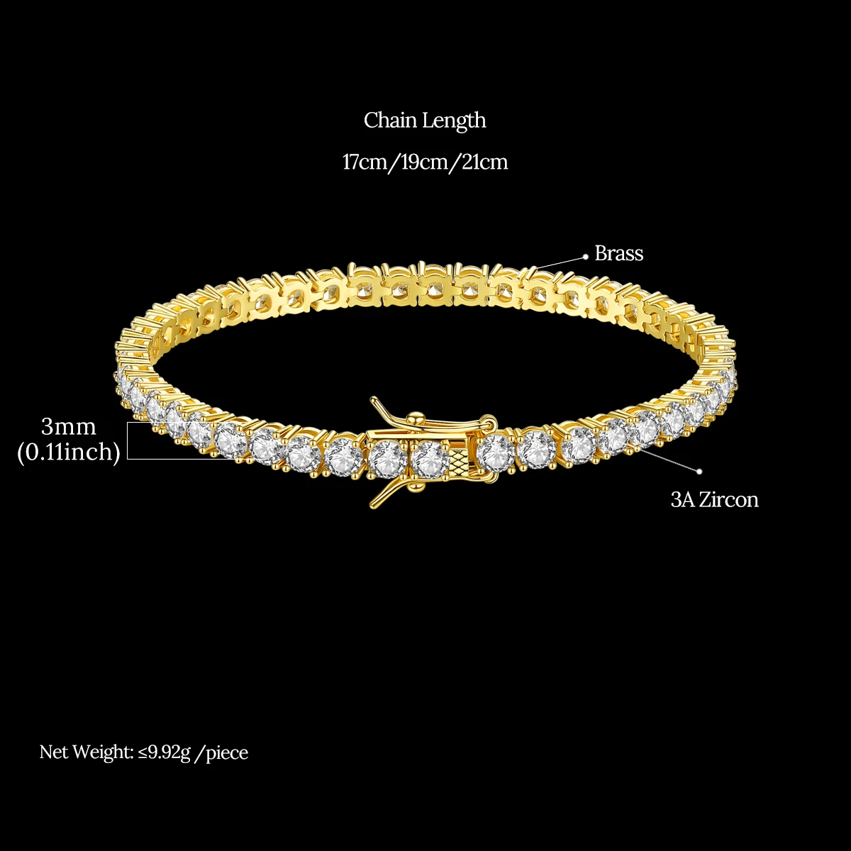 JINSE 3mm Gold Plated Tennis Cubic Zirconia Chains Luxuey Iced Out Crystal Stones Bracelet for Women Men Dating Party Decoration