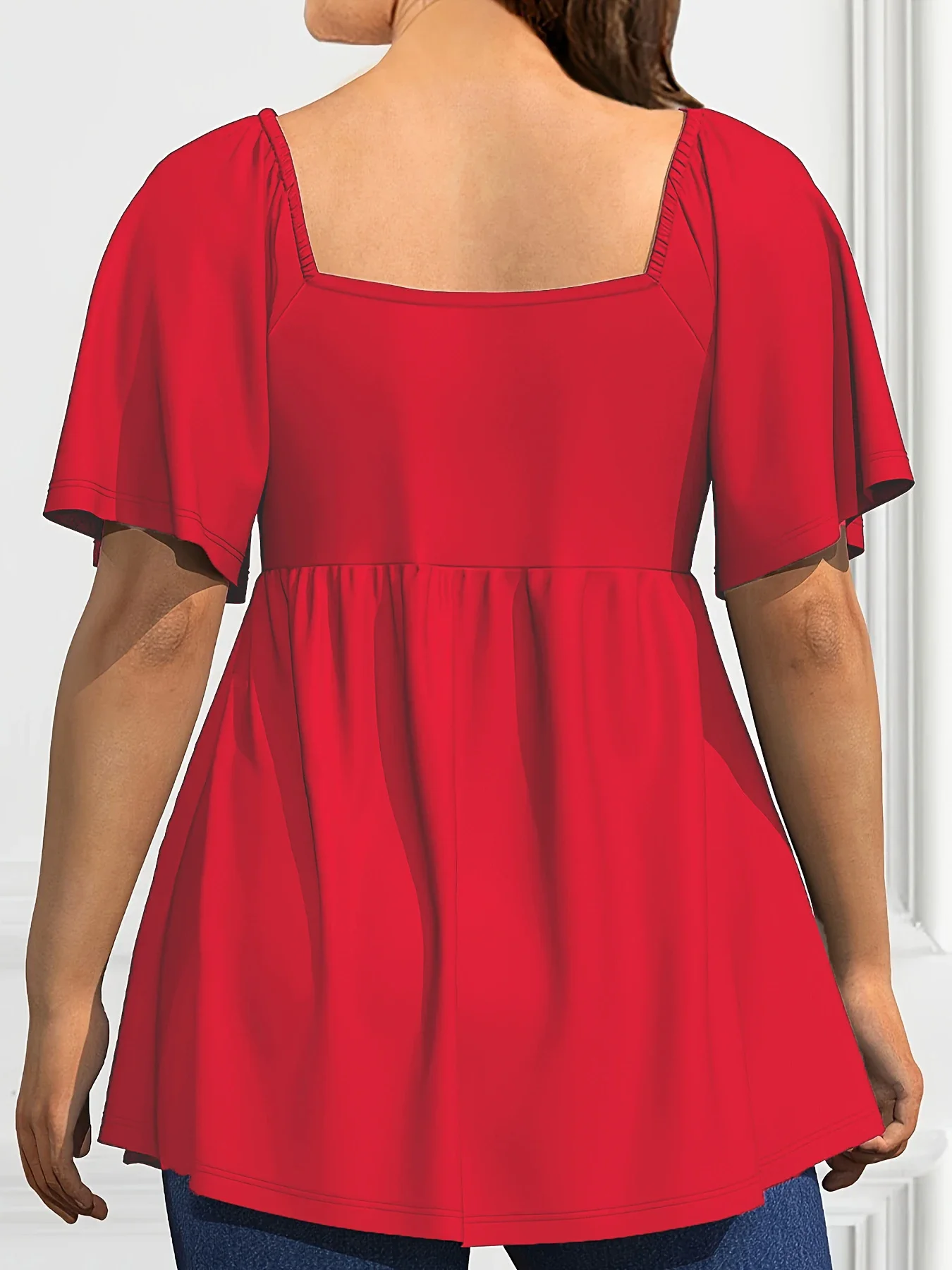 Blusa em linha A tamanho grande para mulheres, cordão decorativo plissado casual, camiseta com gola quadrada, blusa elegante de manga curta verão
