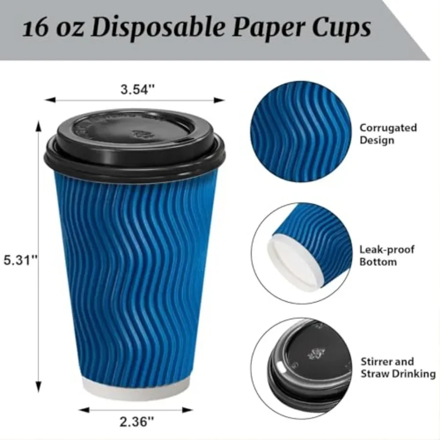 500 Pack Coffee Cups with Lids 16oz Disposable Insulated Ripple Wall To Go Paper Coffee Cups for Hot/Cold Drinks Office Home Sh view 2