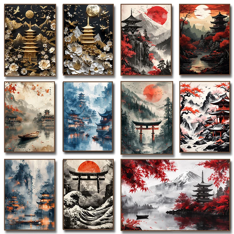 Japanese Cherry Blossoms Temple Torii Gate Landscape Posters and Print Canvas Painting Wall Art Pictures Living Room Home Decor