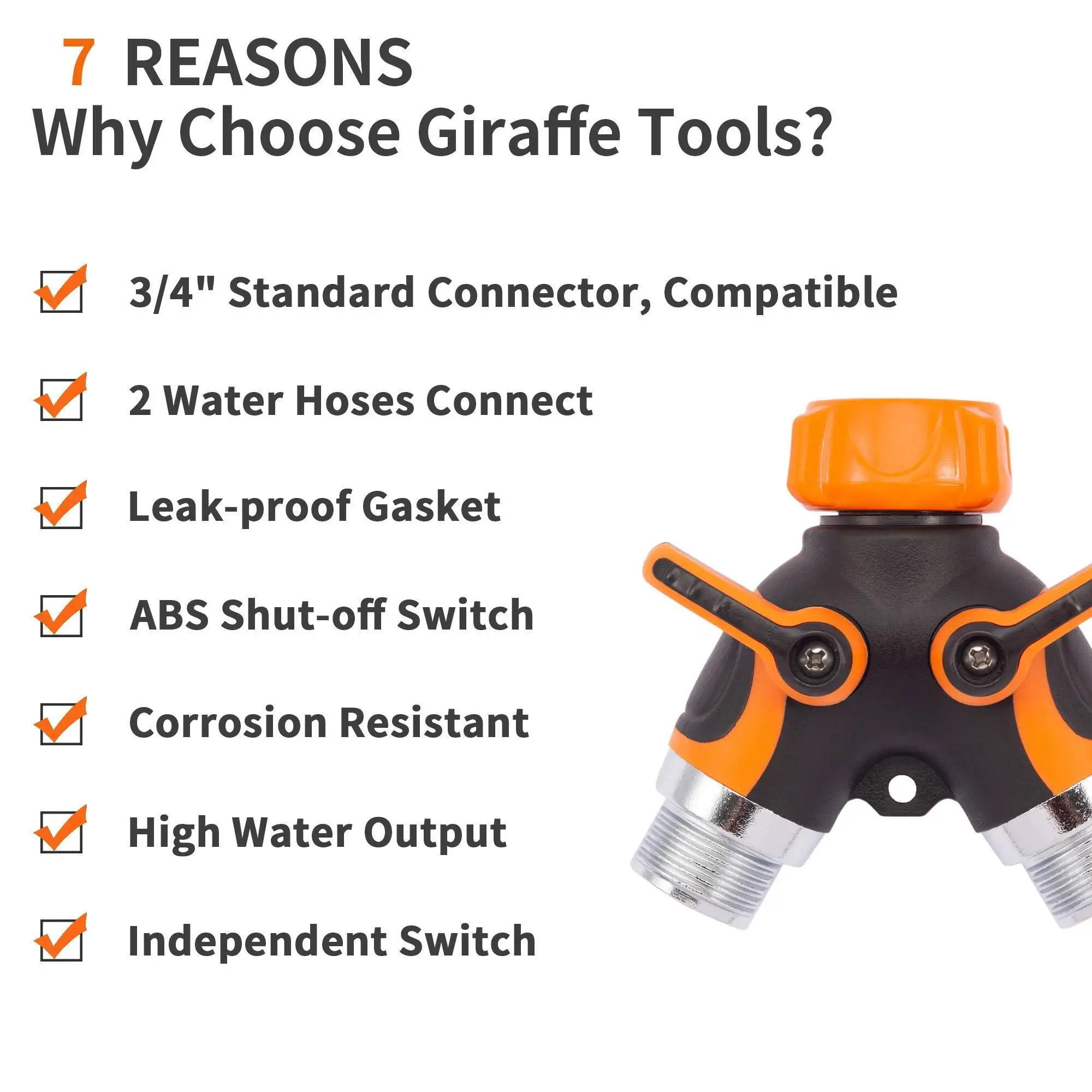 Giraffe Tools Splitter per tubo da giardino a 2 vie per carichi pesanti, connettore GHT Y da 3/4" per rubinetto esterno, raccordo in ottone