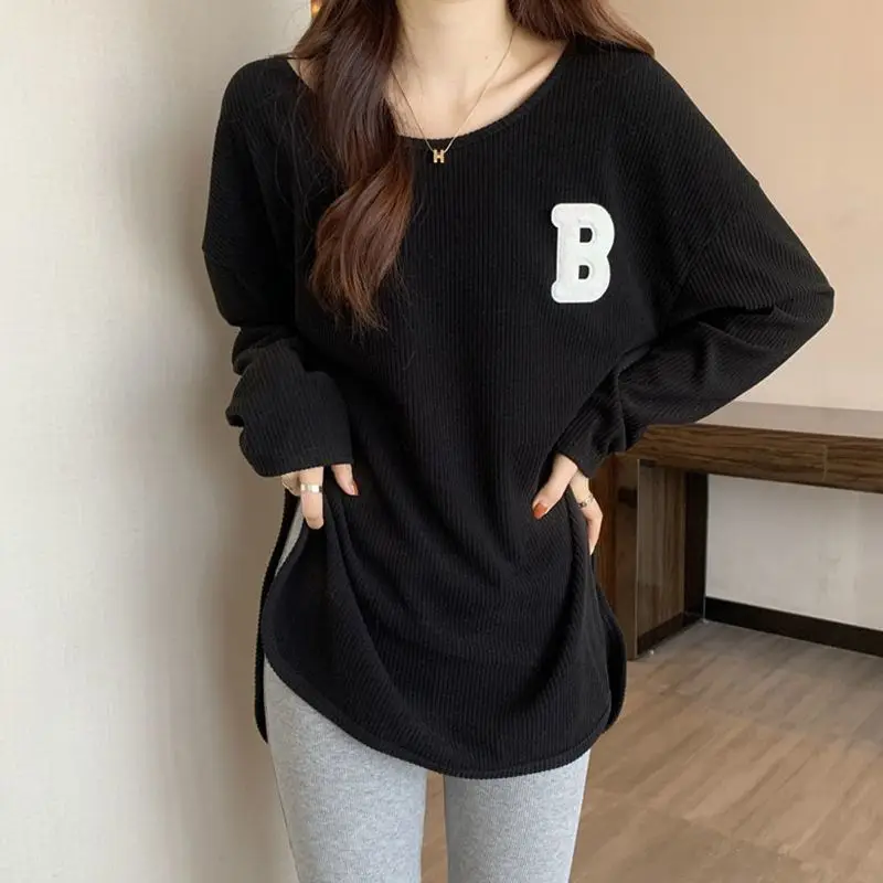 Letter Sweaters Pullovers Women Fashion Korean Style Baggy Ulzzang Jumpers Side Slit Autumn and Winter Vintage Streetwear Chic