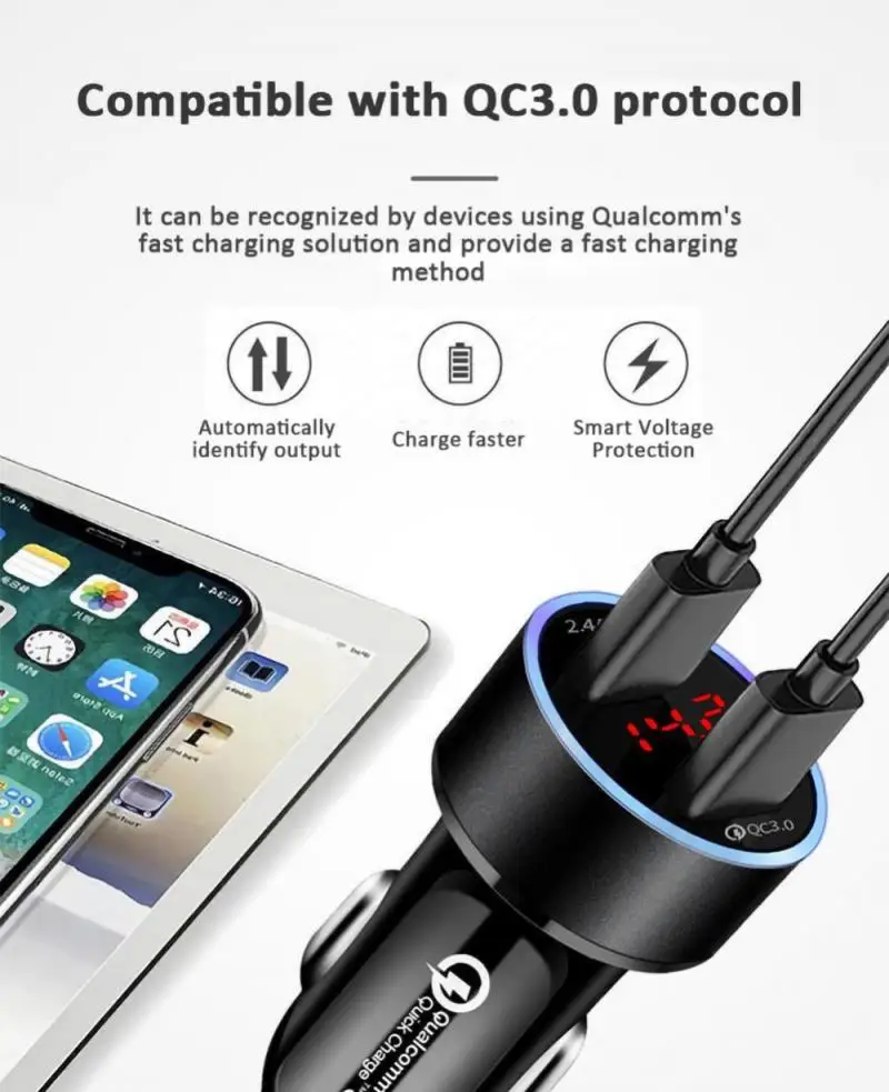 Chargeur USB de voiture 66W PD QC3.0, charge rapide avec affichage de tension LED, prise allume-cigare 12V/24V, universel pour téléphone