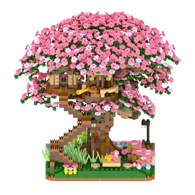 DIY 2008 個パープルロマンチックな桜の花ピンクのツリーハウス列車アセンブリビルディングブロッククラシックモデルレンガセット子供