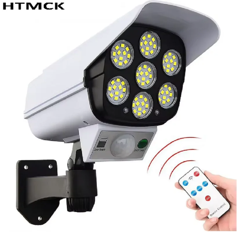 Remote Control Solar Simulation Security Camera Wall Light, Multi-angle 3 Modes Induction Lamp with Red Warning Light for Outdoo