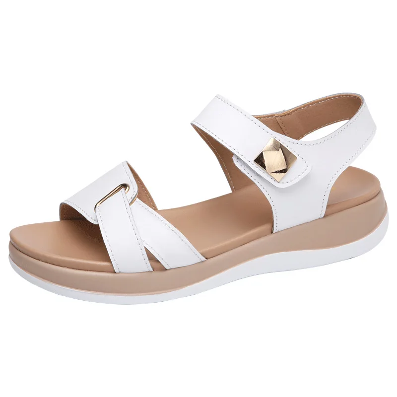 2024 New Summer Genuine Leather Open Toe Women\'s Sandals Fashion Buckle Flat Ladies Sandals Outdoor Casual Ladies Beach Sandals