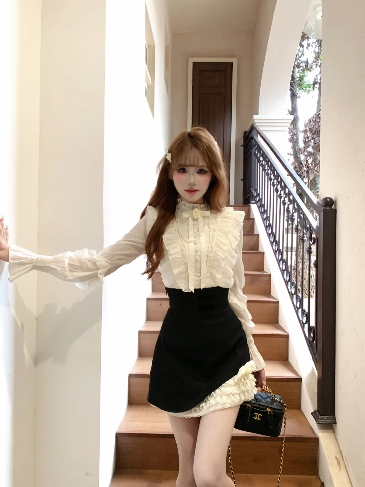 

Ele High Waist irt And Skirt Set French Sle Faion Two Piece Women's Outfit Breathable ort Sve Long Pants