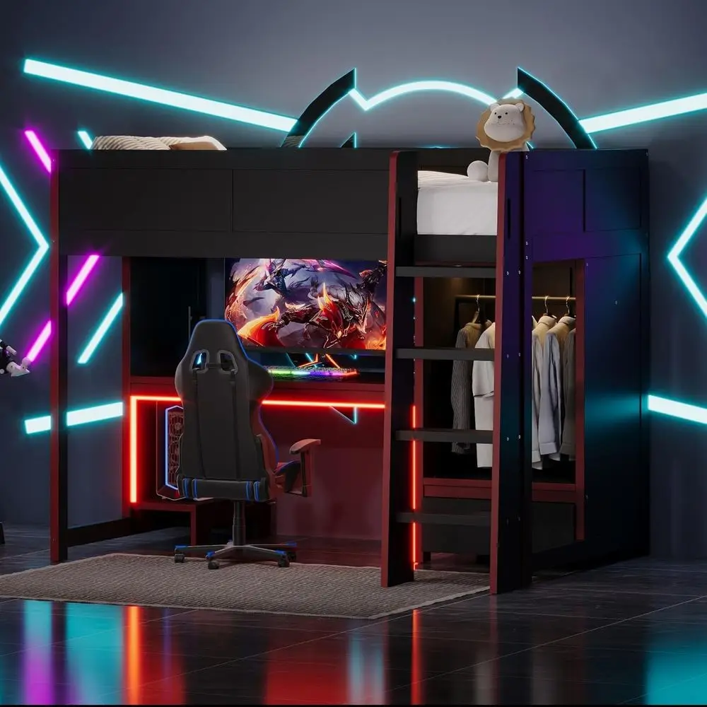 

Twin Gaming Loft Bed with Built-in Desk, Wardrobe, LED Lights - Perfect for Modern Rooms (Black)