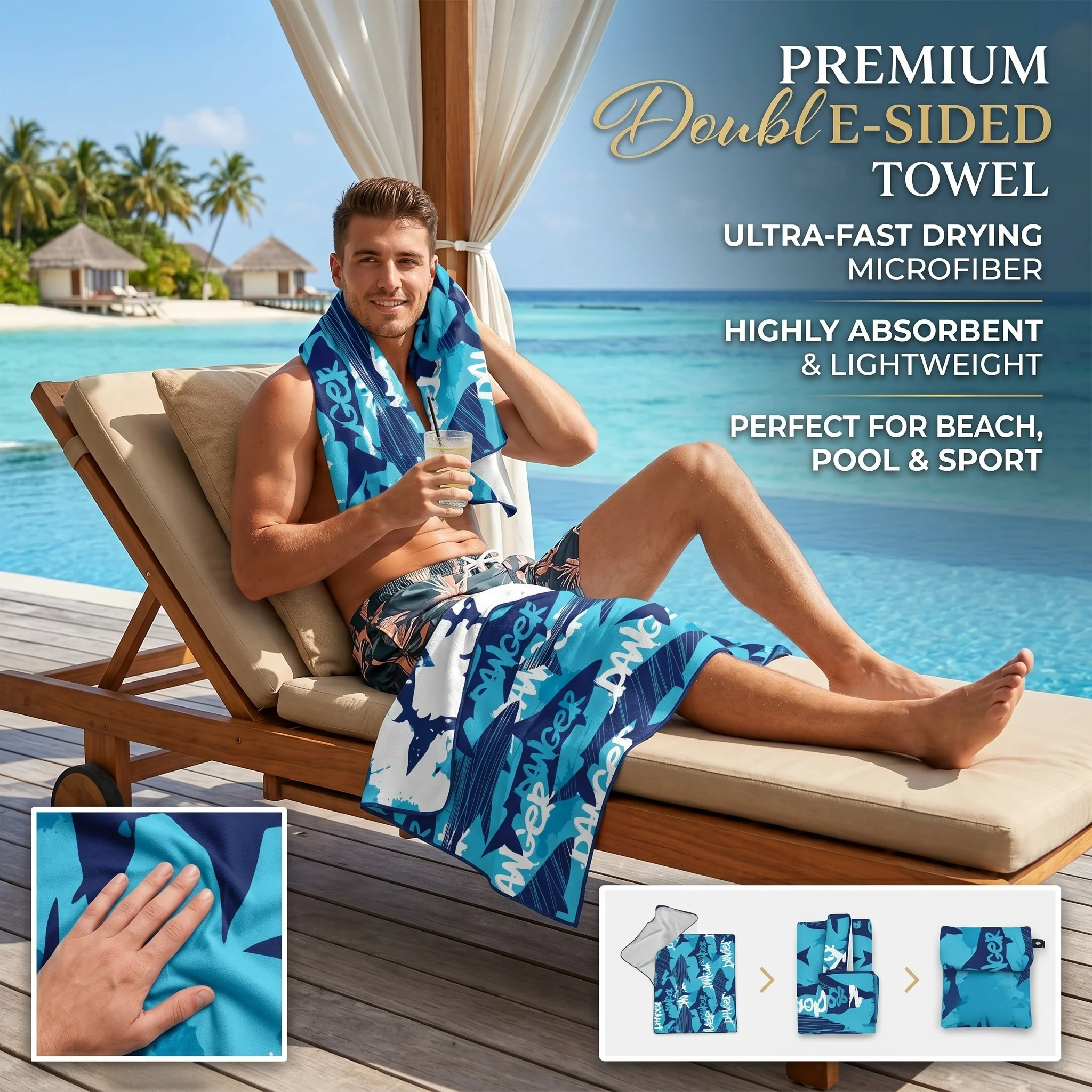 Serviette de plage portable à séchage rapide 80x160cm, absorbante, idéale pour le sport, la natation, le bain, le fitness et la course à pied. Sac en filet inclus._voghion.com
