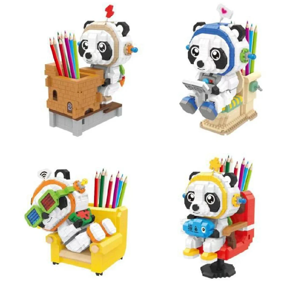 

Panda Astronaut Office Pen Container Micro Building Blocks Animal Model Mini Brick Figures Toys For Decorations Gift With Light