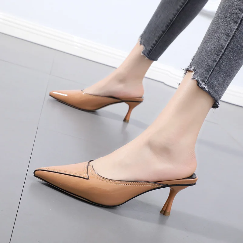 Slippers Casual Shoes Woman 2024 Heeled Mules Pantofle Med Pointed Toe Luxury High New Thin Cover Fashion Fabric PU Pumps Rome R