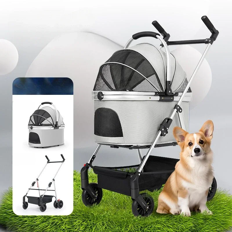 

Multifunctional pet stroller for medium and large dogs,outdoor travel portable foldable pet stroller Detachable carry basket