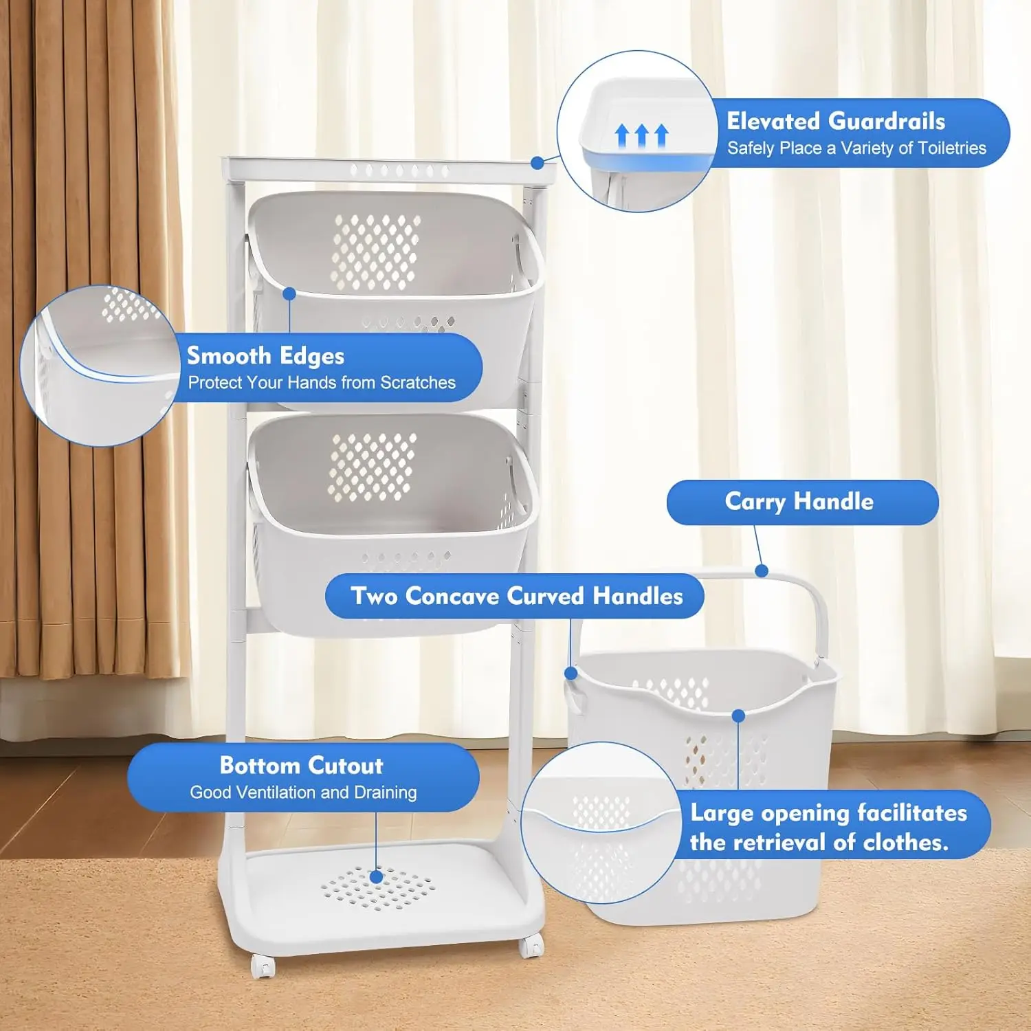 

3-Tier Storage Basket Laundry Basket Rolling Cart Washing Hamper Storage Bin Shelf Multifunctional rotating laundry basket