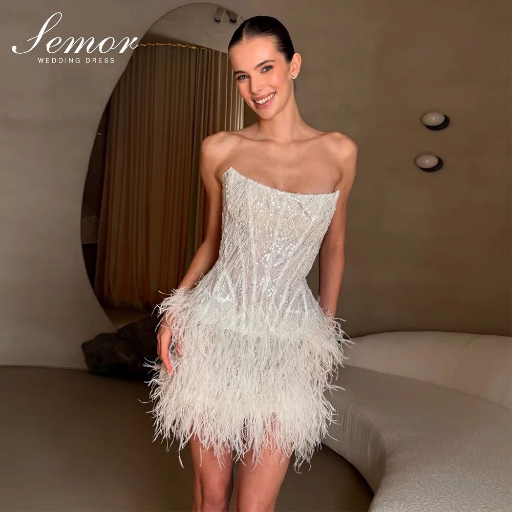 Vestido de Novia Corto Semor, Exquisito y Brillante, Personalizado, Sin Tirantes, con Borlas y Plumas, Nueva Llegada, Vestidos de Novia 2026