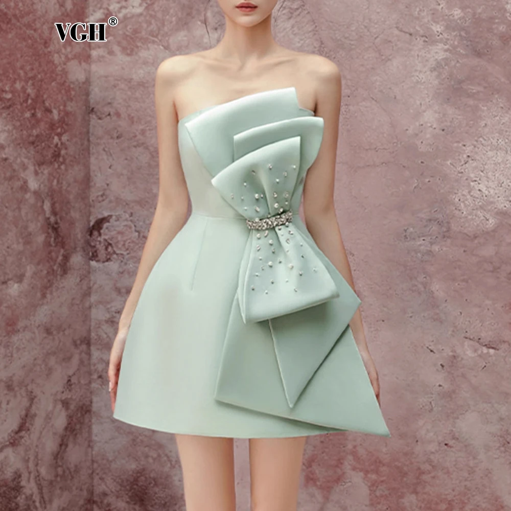 

VGH Elegant Spliced Bowknot Party Dress For Women Strapless Sleeveless Backless High Waist Temperament Short Dresses Female New