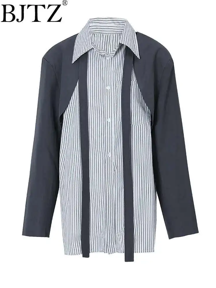 

BJTZ Gray Striped Ribbon Big Size Blouse Women New Lapel Long Sleeve Loose Fit Shirt Fashion Tide Spring Autumn 2024