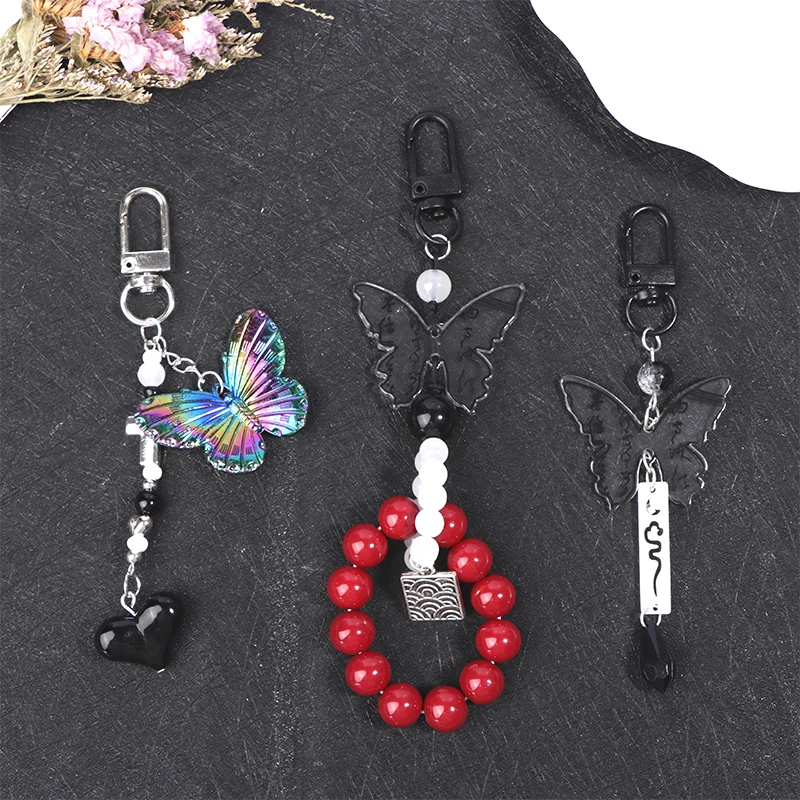 Gothic Black Butterfly Phone Chain Y2k Sweet Cool Beaded Earphone Case Lanyard Bag Decor Camera Strap