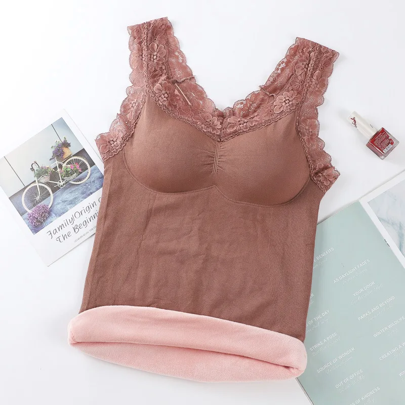 New Autumn/Winter Lace Warm Tank Top V-Neck Strap Bottom Coat With Plush and Thickened Cover Cup Warm Underwear