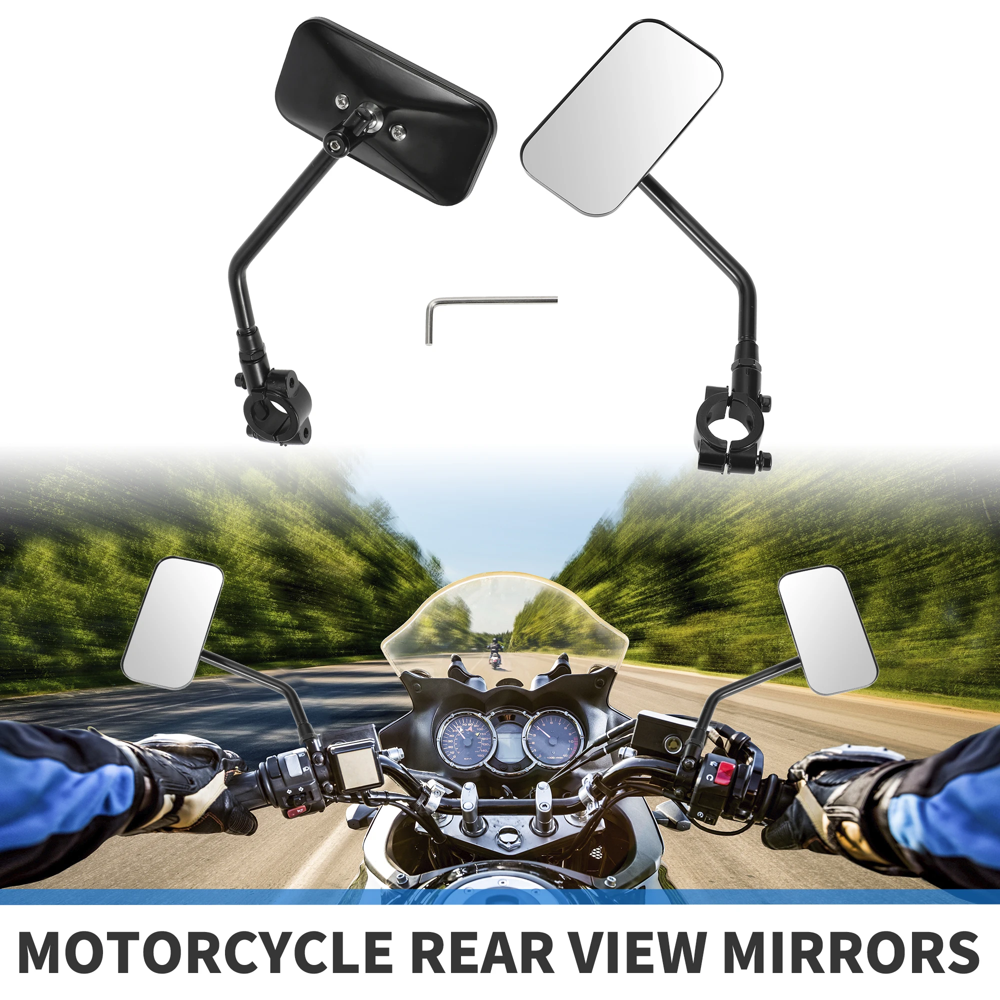 Motoforti M10 Motorcycle Rear View Mirrors Square Shape Handlebar Mirrors Black 1 Set