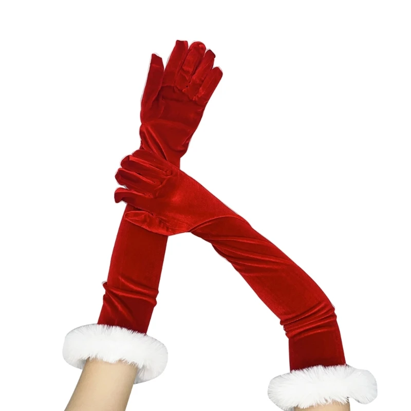 Y166 Teens Cosplay Santa Winter Gloves with Bells/White Cuffs Plush Keep Warm Gloves