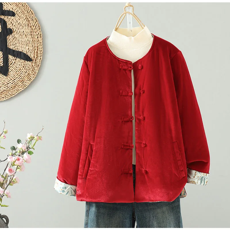 

Китайская красная ретро-куртка из бархата с пряжками, утепленная хлопком, женская зимняя двусторонняя теплая куртка с круглым вырезом, на хлопковой подкладке