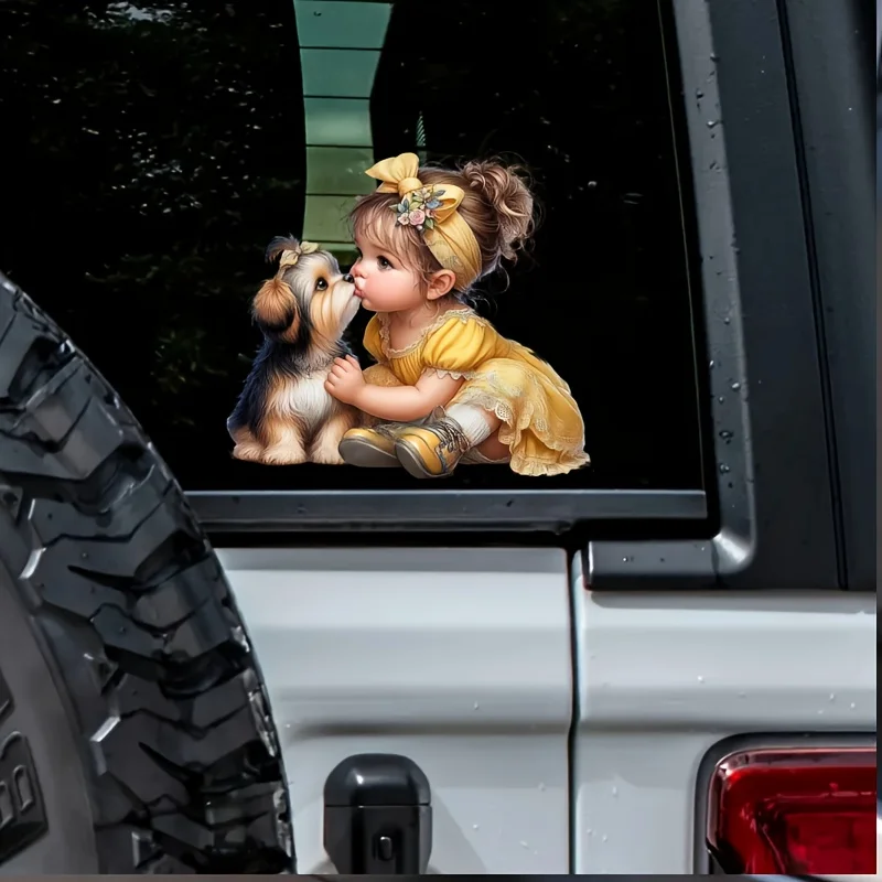 2D Flat 1Pc Yellow Dress Little Girl Kiss Yorkshire Puppy Waterproof Vinyl Sticker For Car Laptop Water Bottle Window Decor
