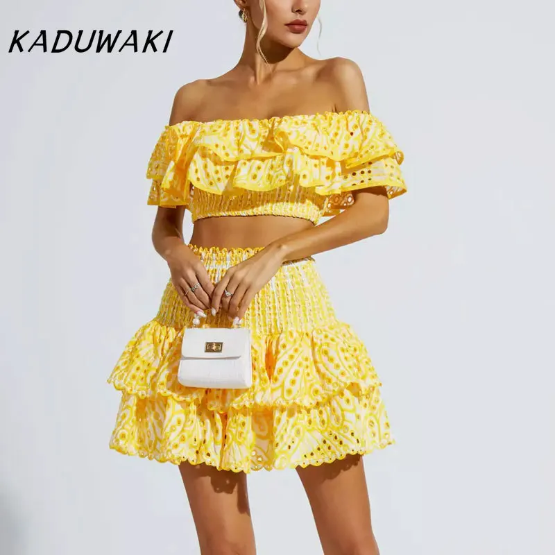 

KADUWAKI Summer Holiday Heavy Embroidery Hollow Out One Oulder Tops Ort Skirts Two Piece Set Young Women Spring Beach Party Robe