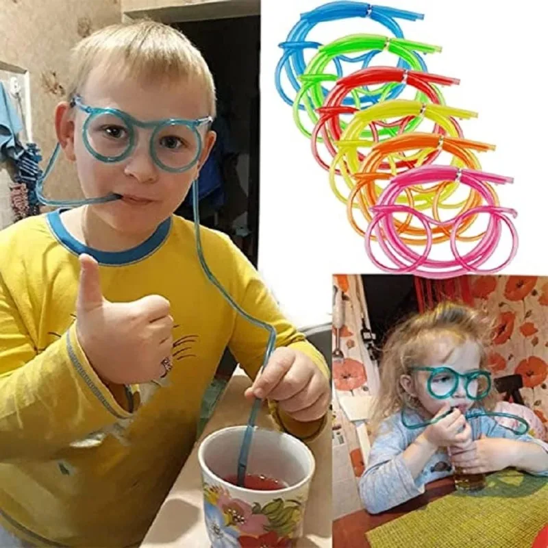 Straw Glasses Funny Soft Plastic Straw DIY Reusable Drinking Straw Tube Eye Glasses Party Supplies Bar Creativity Toy Kids Gift