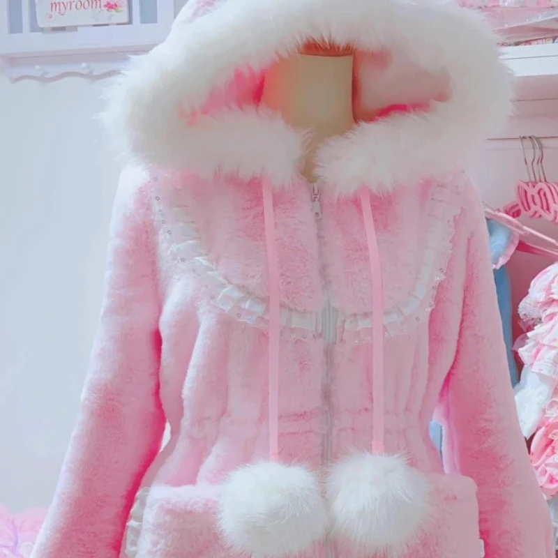 Original Design Cute Pink Furry Splicing Hooded Women's Jacket Autumn Winter New Fleece Lined Waist Adjustable Warm Coat Ladies