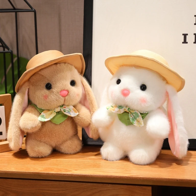 New Pretty Cartoon Outing Rabbit Plush Toys Soft Fluffy Lovely Long Ears Bunny Doll Wearing Hat Silk Scarf Cute Companion Doll